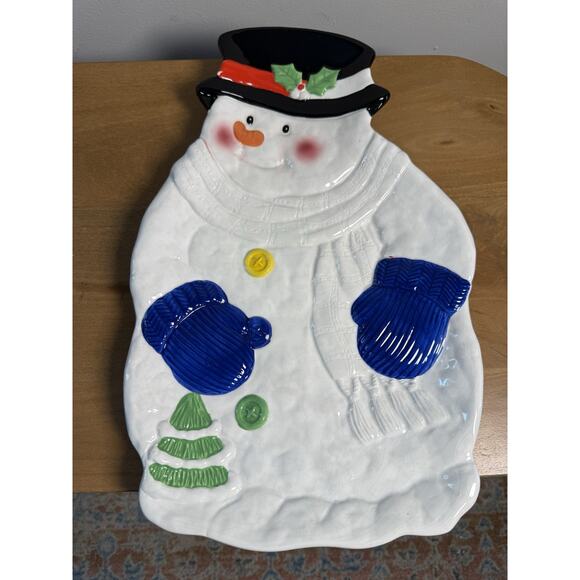 Vintage Holiday Snowman Ceramic Platter - 15 X 10 inches Nostalgic Christmas - Picture 2 of 7